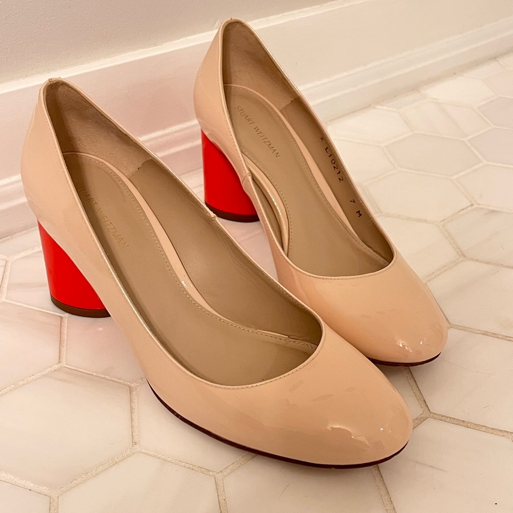 Stuart Weizmann Cream patent leather with Orange heel